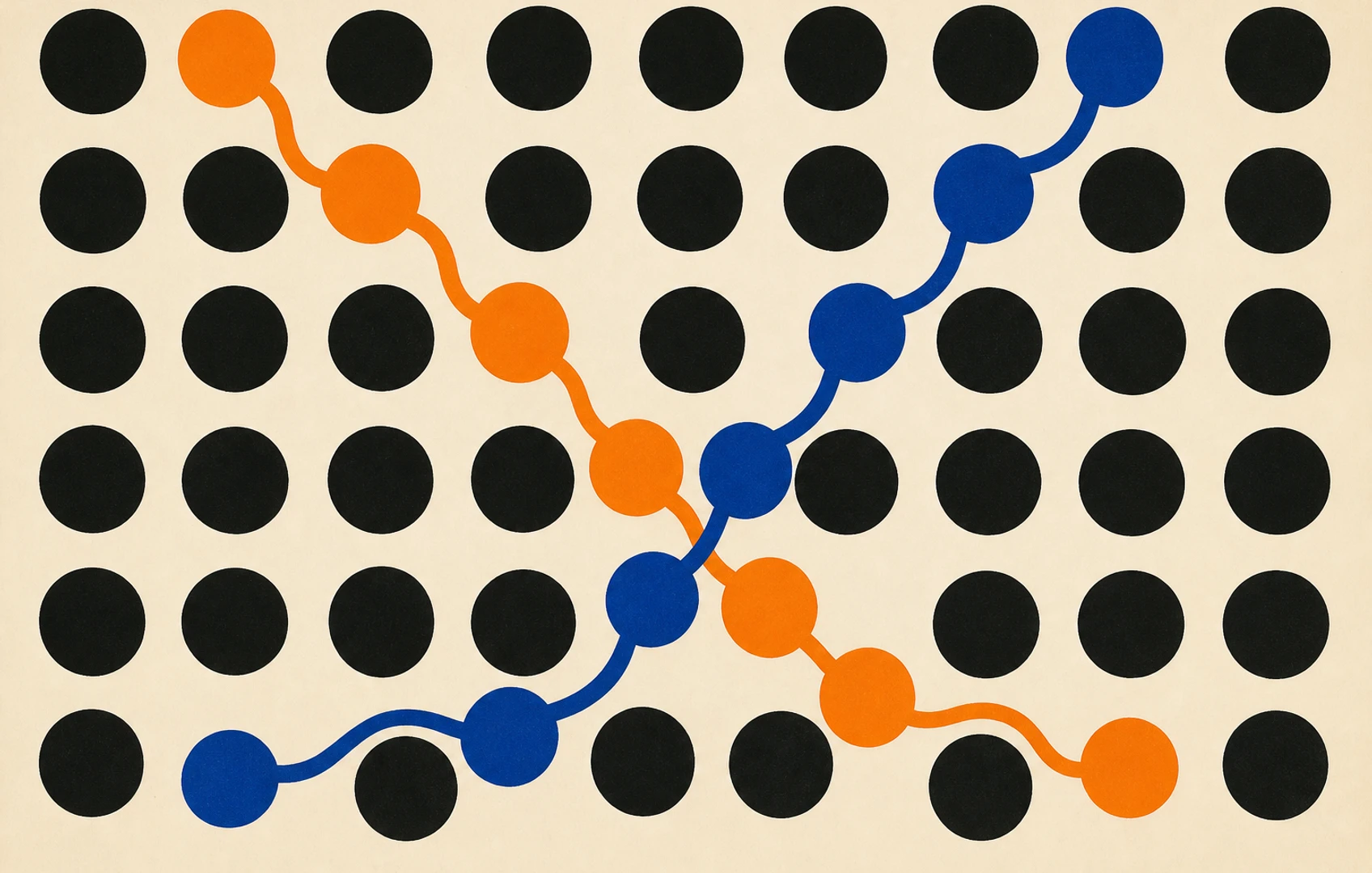 Hand-cut editorial artwork showing a dense grid of black rotary circles and looping orange paper paths against a worn cream background.