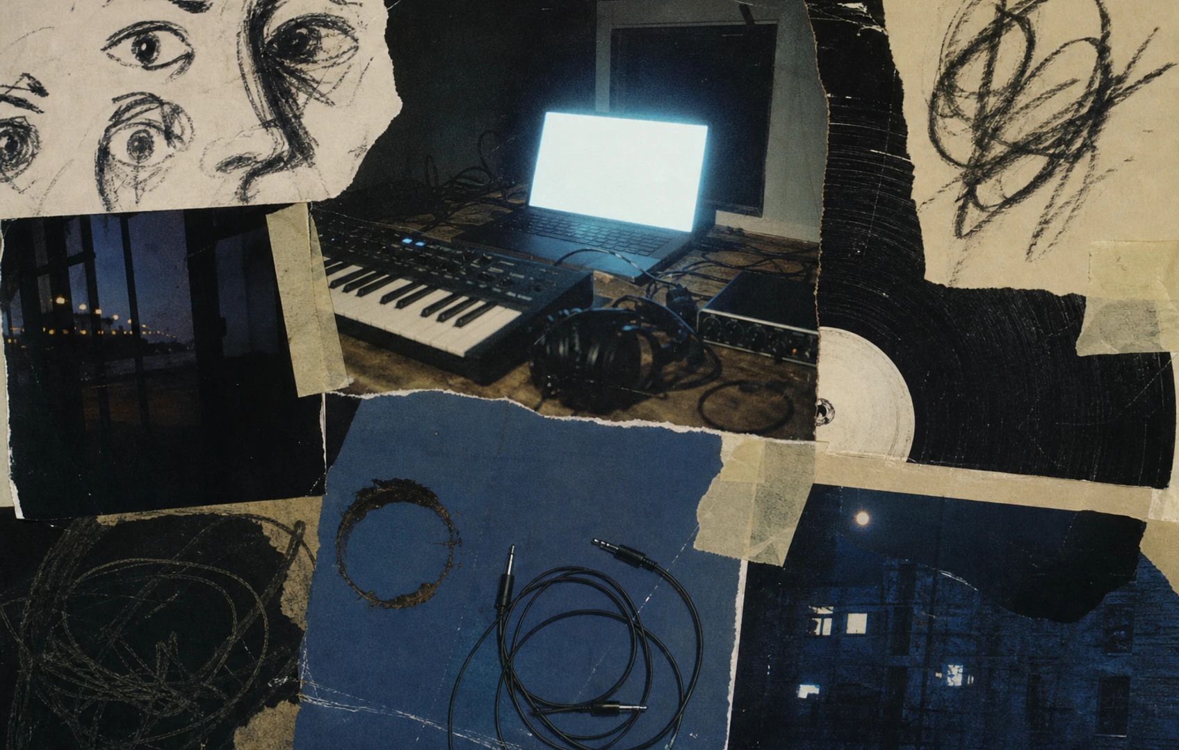 Grainy flash-lit bedroom desk with an overexposed laptop, compact MIDI keyboard and tangled headphones, suggesting a studio inside a browser tab.