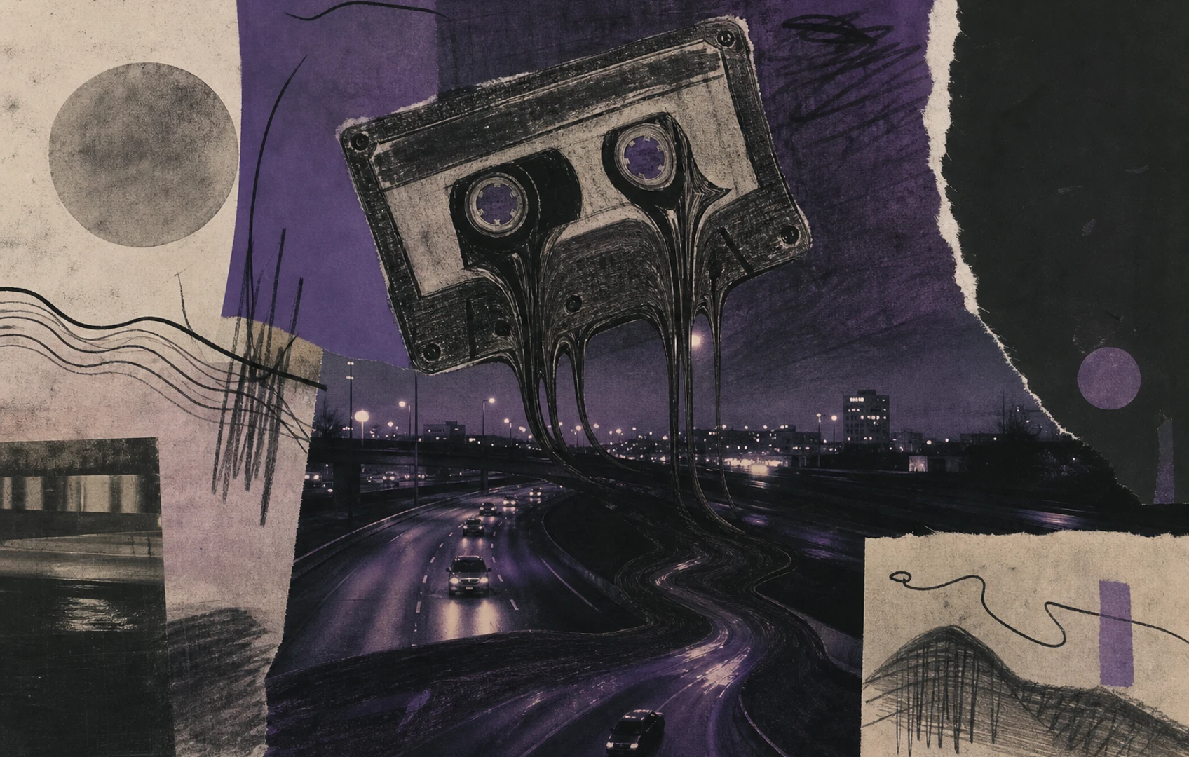 A rough editorial collage of a warped cassette, purple dusk tones, freeway lights, and hand-cut paper shapes suggesting slow movement through a city at night