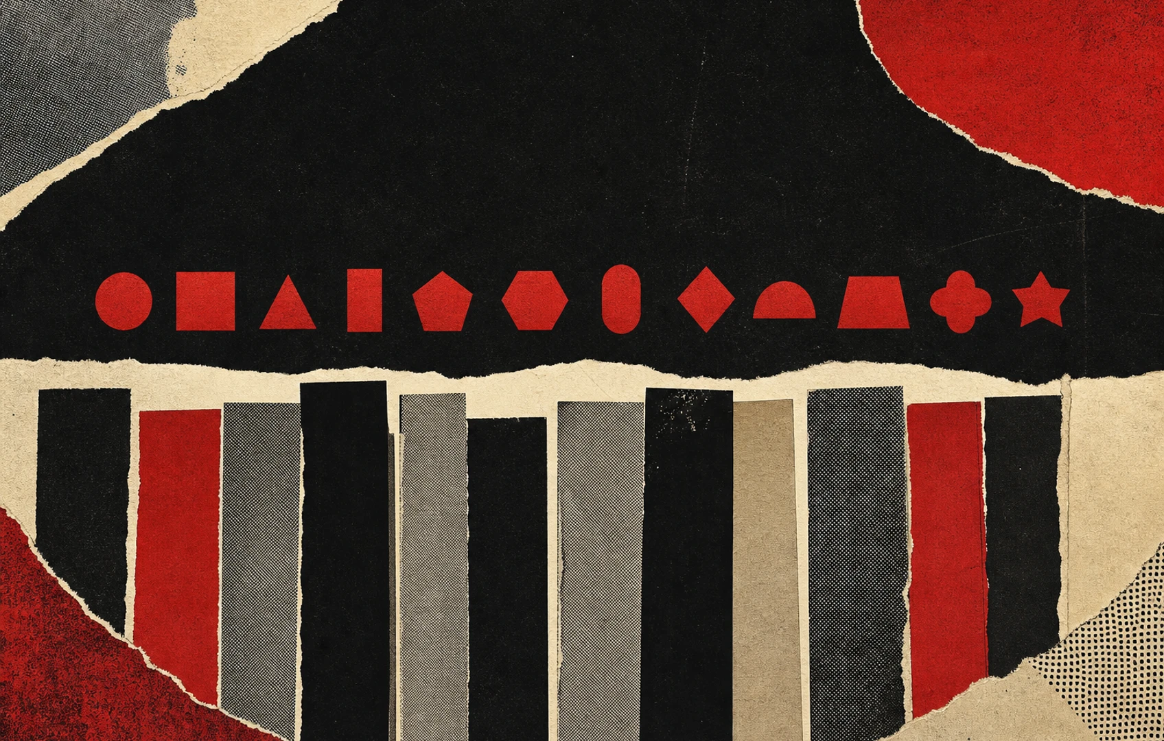 Bold print-style editorial collage with torn paper, halftone texture, abstract album shapes, and twelve chart markers