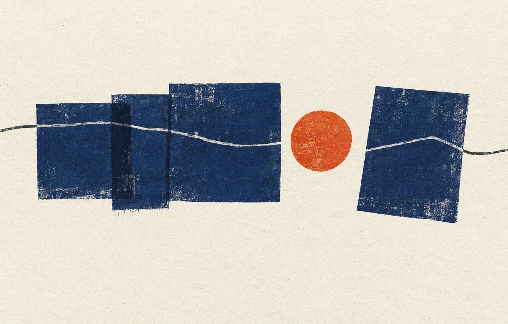 Handprinted indigo blocks connected by a loose graphite loop on off-white paper, with an orange circle in an open gap.