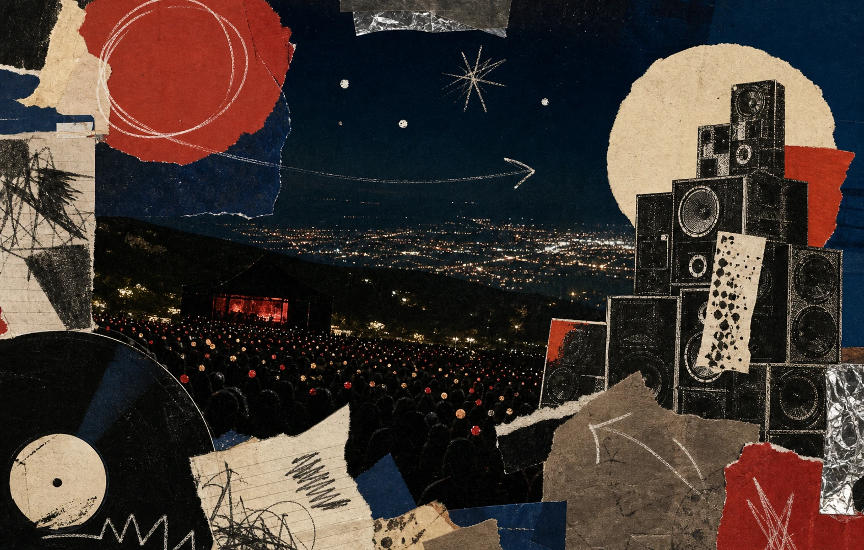 A rough editorial collage of a nighttime festival hill, cut-paper speaker stacks, handwritten setlist fragments, and glowing city blocks in deep blue and red tones.