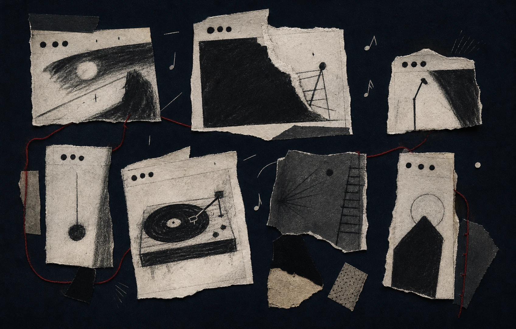 A rough editorial collage of torn paper browser windows drifting apart over a dark field, with tiny abstract music notes and thread-like lines suggesting a disappearing online community