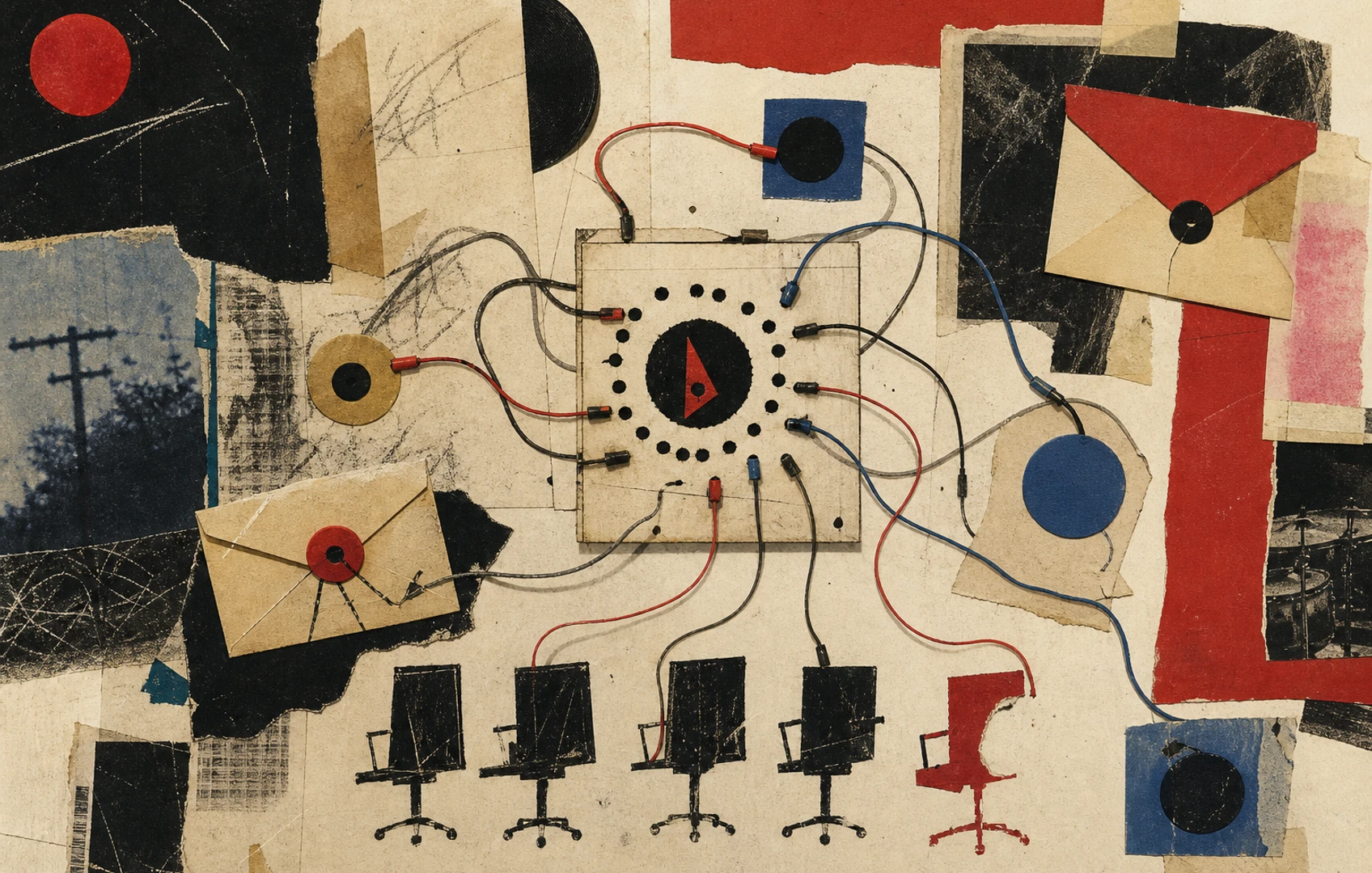 Bauhaus-style cut-paper illustration of cables and envelopes crossing an abstract switchboard, with one of five chair shapes removed.
