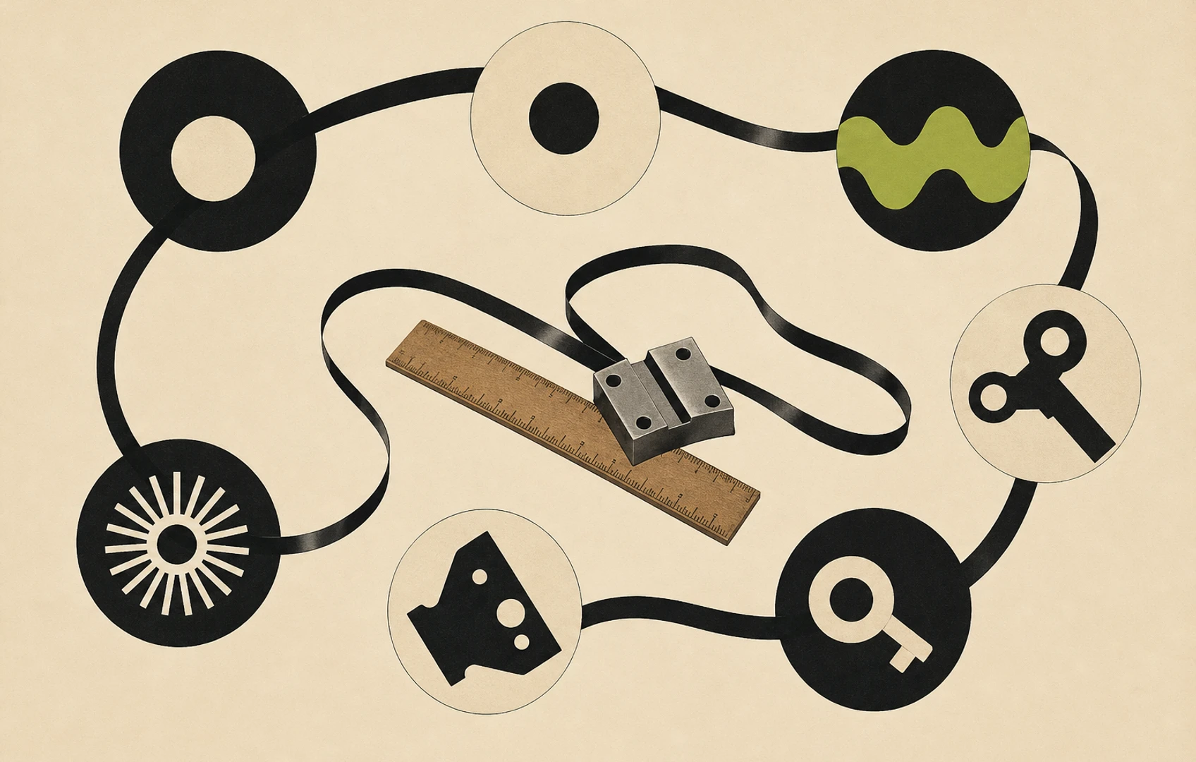 Charcoal and cut-paper illustration of a magnetic tape loop circling a ruler, marked by seven abstract money-sound shapes.