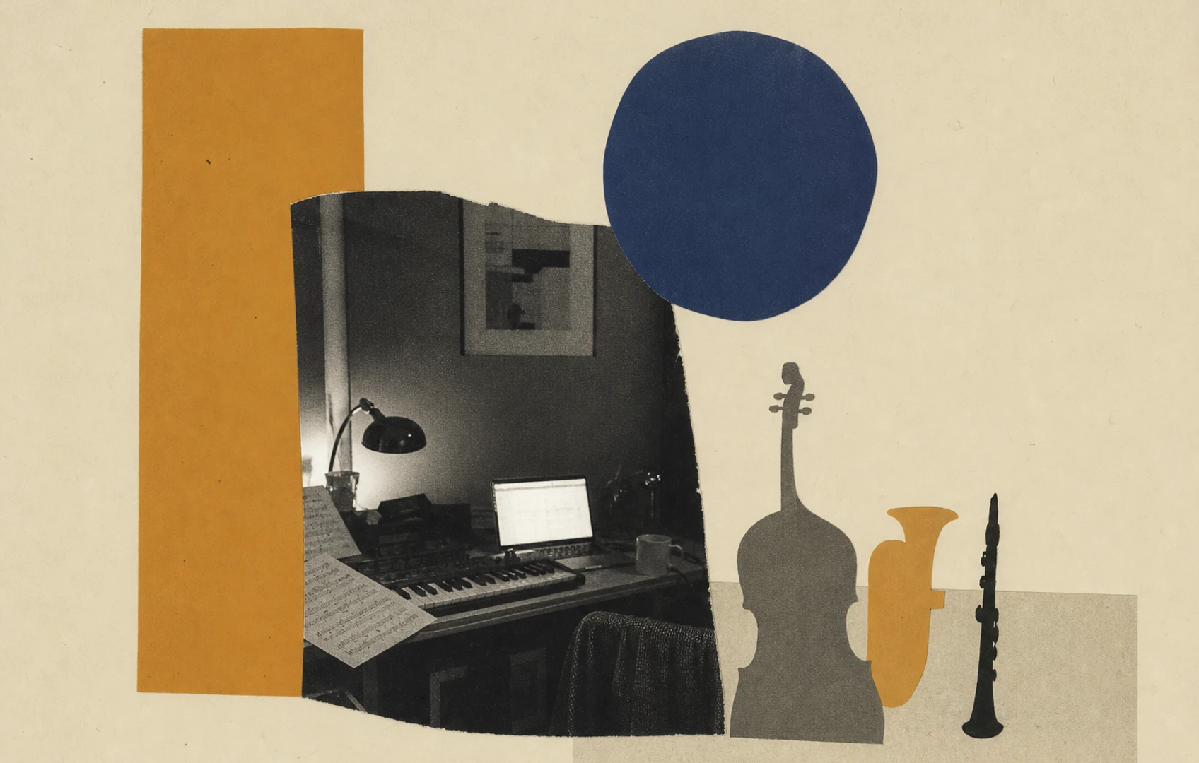 A lo-fi desk scene with a MIDI keyboard, scattered manuscript paper, brass and string shapes cut from colored paper, and a laptop glow in a dim room