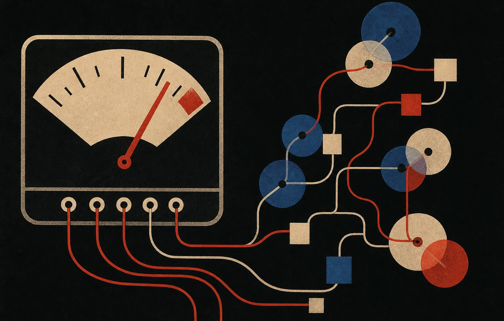 Bauhaus cut-paper illustration of an analog audio meter feeding branching red patch cables into translucent discs on a grainy charcoal background.