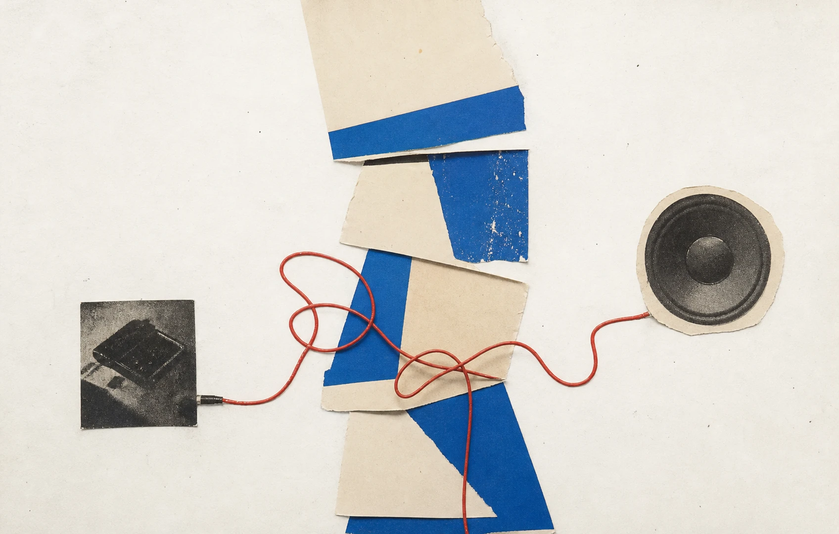 Bauhaus-style torn-paper stack linking a dark glass rectangle to a speaker with a tangled red cable.