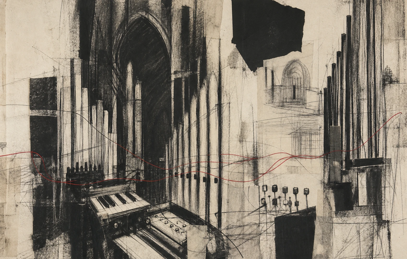 Bauhaus-style cut-paper organ chamber with towering pipe shapes, geometric keys, and translucent ribbons of air crossing a dark architectural interior