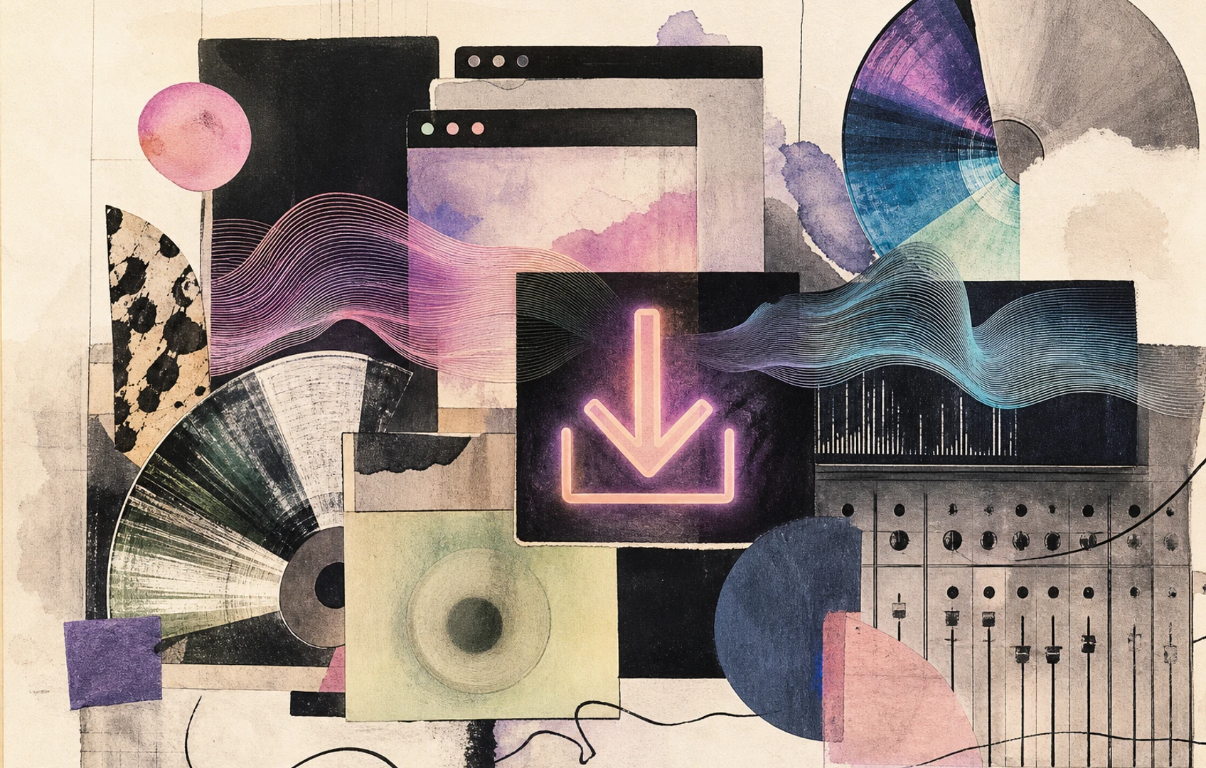 Editorial collage of abstract waveform ribbons, a glowing download arrow, fragmented CD-like circles, and layered browser windows in pastel neon tones