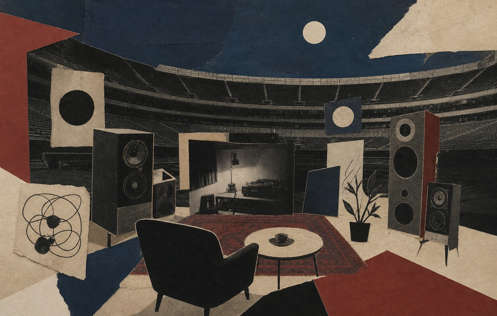 A rough cut-paper collage of a huge stadium bowl turning into a listening room, with speaker shapes, handwritten setlist fragments, and warm night colors