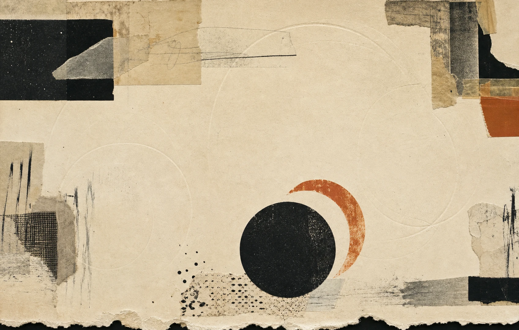 One ink-black circle sits among faint embossed rings on cream paper, with a rust-orange offset and visible printing texture.