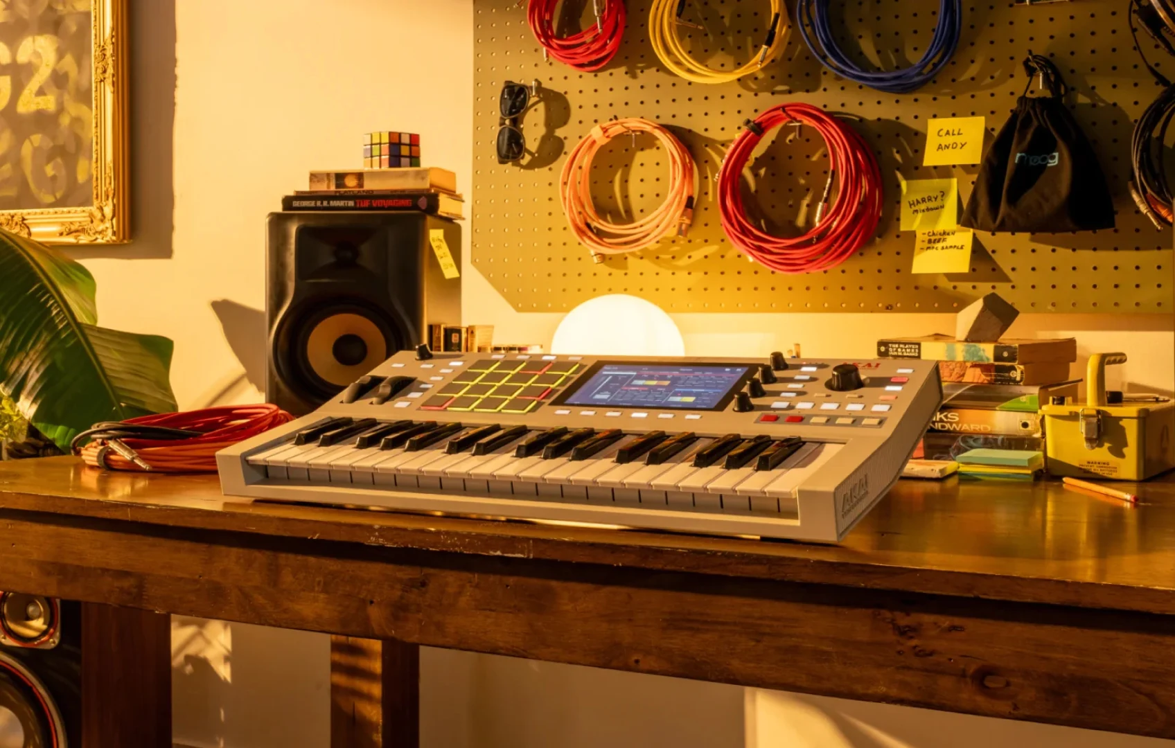 Akai MPC Key 37 on a studio desk with patch cables, sticky notes, books, and a speaker behind it.